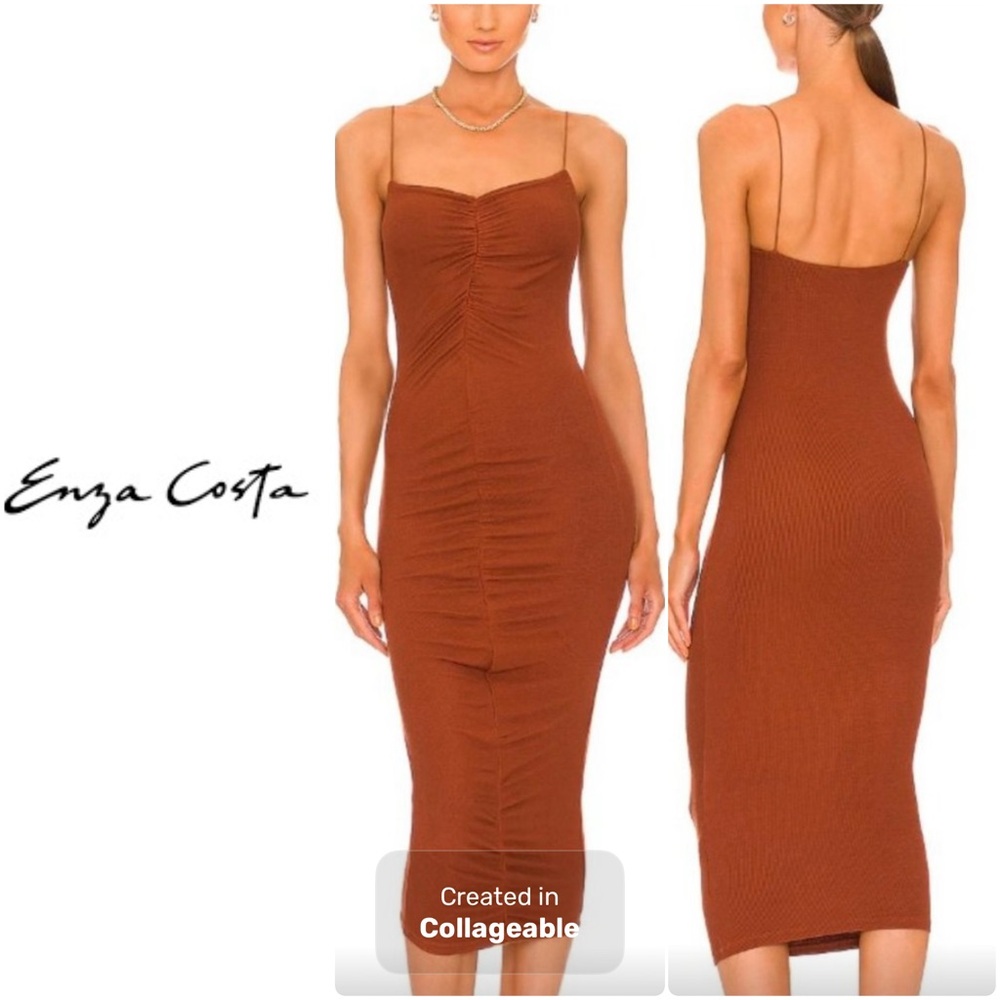 ‼️WOW‼️Enza Costa Ruched Strappy Rib Knit Dress in Umber Brown‼️